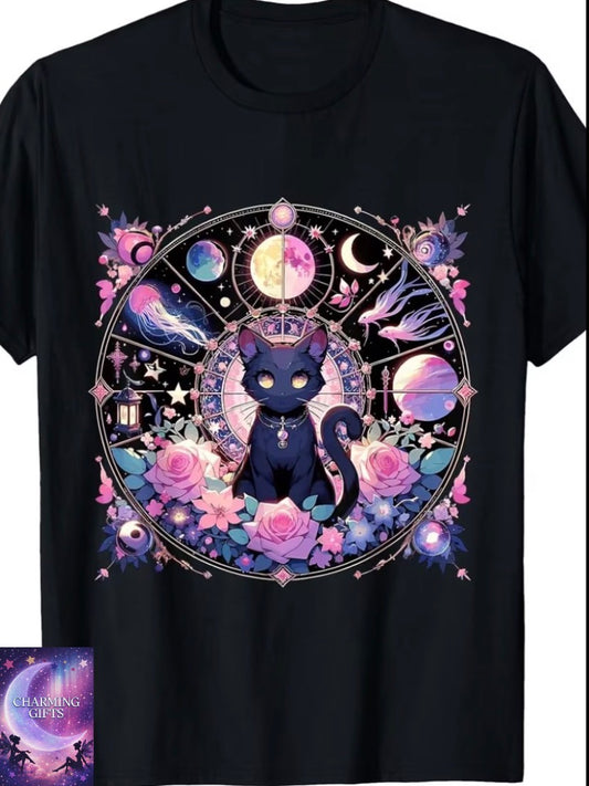 Moon Phases Crystal Witchy Cute Black Cat Kawaii Pastel Goth Funny Crew Neck Tee with Stylish Print Casual & Comfortable Travel Clothing for Fashion Enthusiasts Ideal for Summer, Spring, Fall, And Daily Wear