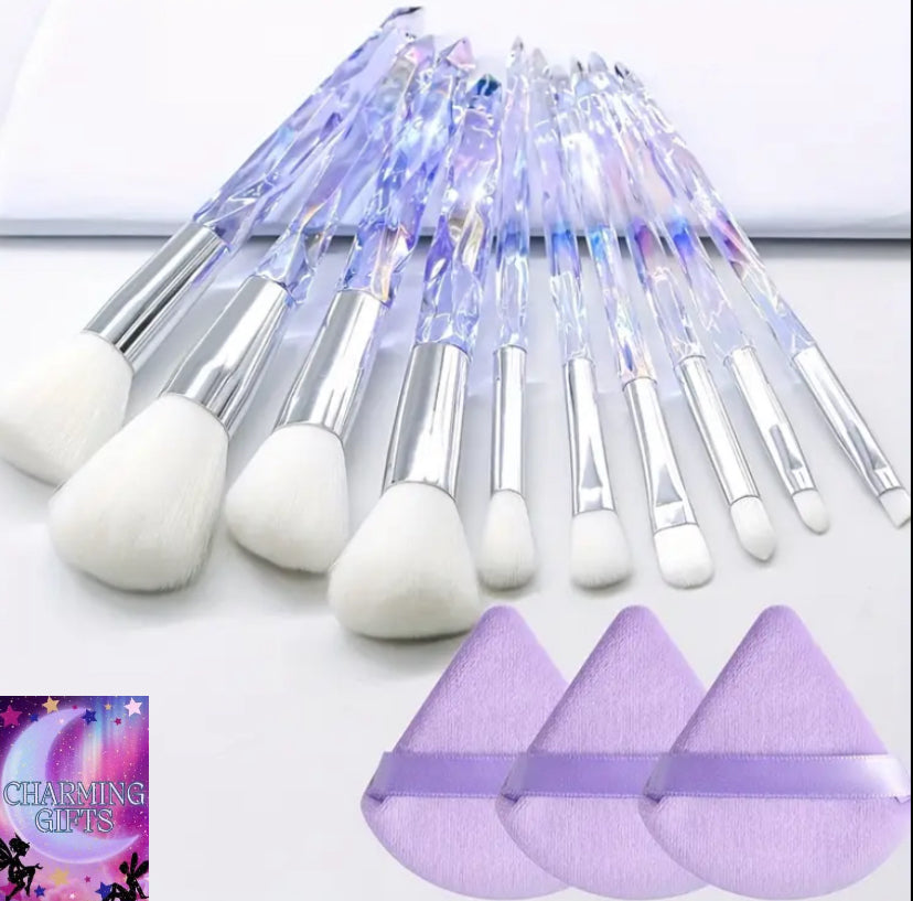 10 transparent ice cone shaped gradual  makeup brushes, flawless foundation make-up brush, powder blusher brush, powder brush, eye shadow brush set, glass shaped transparent handle - and powder puffs
