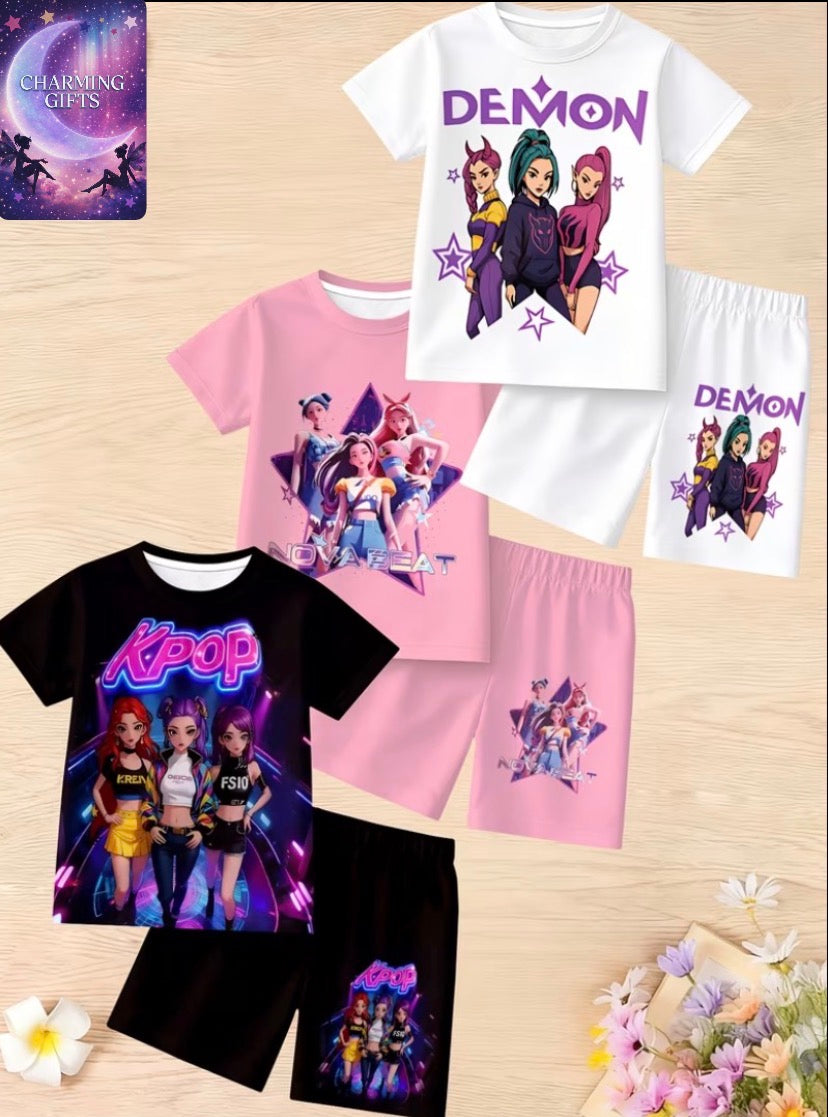 3 Sets of 6pcs Girls' Summer Shorts Outfits - Cute Cartoon 3D Printed Anime Character Pattern Round Neck Tops + Casual Comfortable Shorts Set, Soft and Lightweight Casual Wear, Stylish and Sweet Style Clothing, Perfect Gift for Outdoor Activities