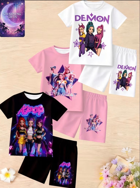 3 Sets of 6pcs Girls' Summer Shorts Outfits - Cute Cartoon 3D Printed Anime Character Pattern Round Neck Tops + Casual Comfortable Shorts Set, Soft and Lightweight Casual Wear, Stylish and Sweet Style Clothing, Perfect Gift for Outdoor Activities