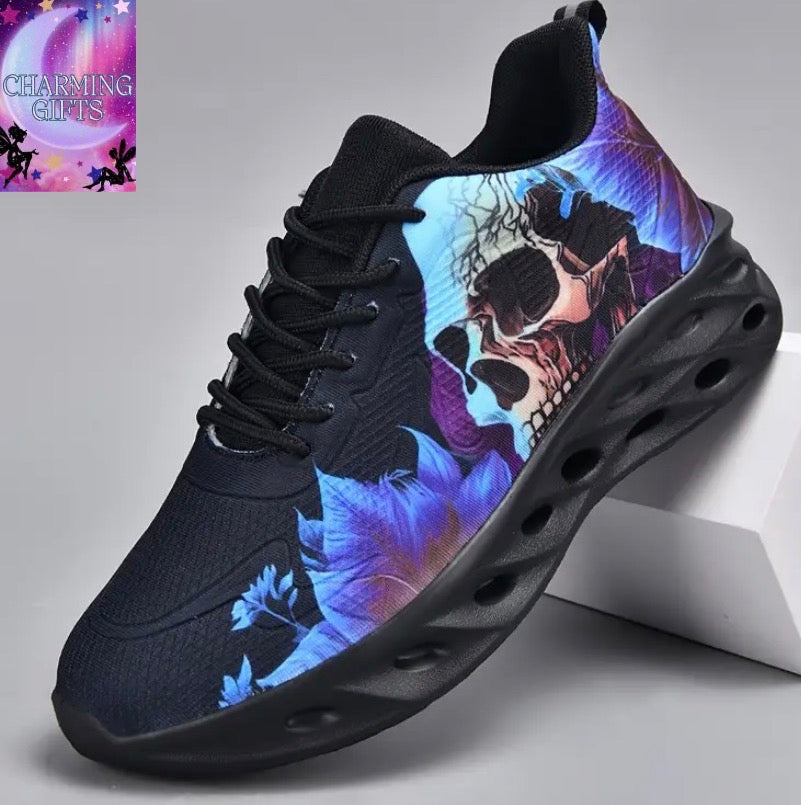[Bold Graphic Running Shoes] Men's Bold Graphic Running Shoes - Skull & Floral Design | Low-Top, Breathable Fabric, Lace-Up Sneakers with EVA Cushion & PU Sole for Hiking, Walking, Casual Wear, Athletic Footwear, Urban Style