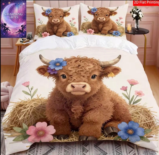 3pcs of 2D Flat Printed Adorable Cartoon Bedding Featuring a Quilt Cover with a Brown, White, Blue, And Pink Floral Highland Cow Design, Perfect for Different Events (Includes 1 Duvet Cover And 1 Or 2 Pillowcases, Core Not Included)