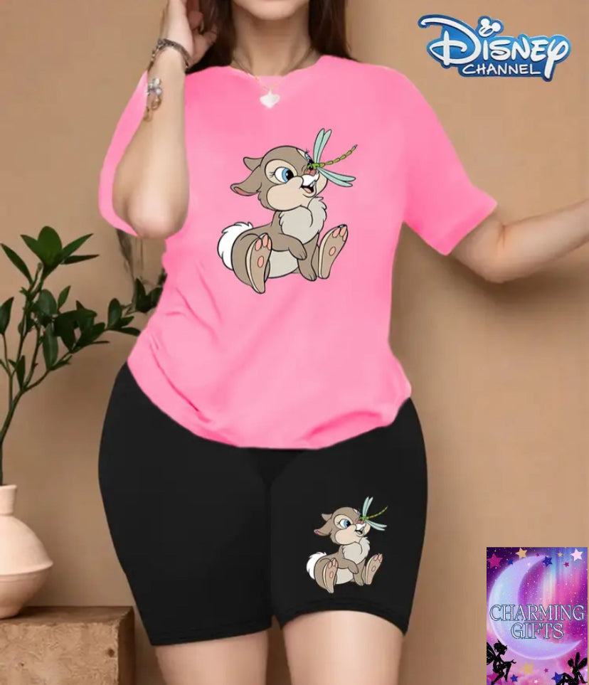 Cute thumper  Print Short Sleeve Women'S T-shirt, Large Size Women'S Round Neck T-shirt Shorts Set, Simple Fashion Summer Casual Sports Two-Piece Set Perfect Choice