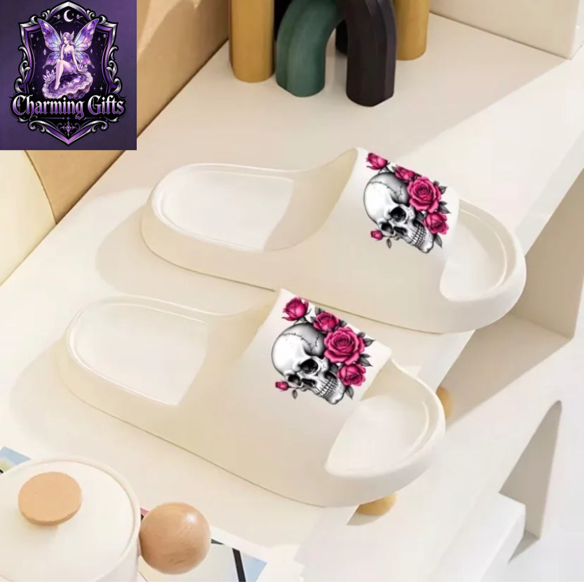 1 Pair Women'S Home Slippers, Gothic Style Skull Rose Print Slippers, Casual Slippers, Flat Slippers, Open-Toe Slippers, Indoor/Outdoor Slippers, Room Slippers, Bathroom Slippers, Pool EVA Sandals, Beach Slippers, Hand Wash Fabric, Women Shoes