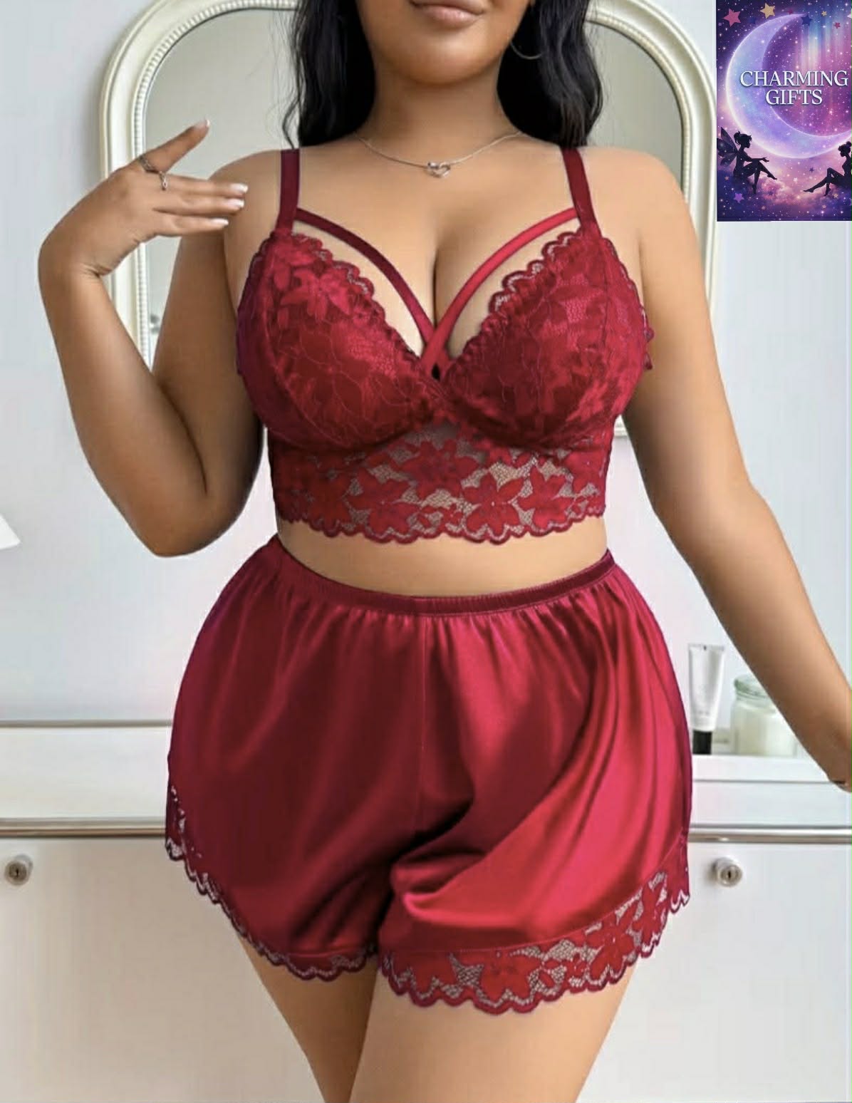 Plus Size Contrast Lace Patchwork Wire-Free Comfort Bra and Panty Set