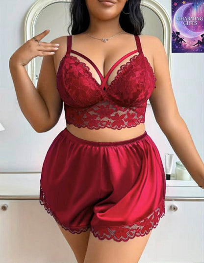 Plus Size Contrast Lace Patchwork Wire-Free Comfort Bra and Panty Set