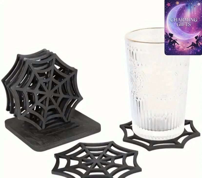 [6pcs Wooden Coasters] 6pcs Wooden Spider Web Coasters | Collector's Edition, Fantasy Classic Theme, Heat-Resistant, Multi-Functional, Indoors and Outdoors