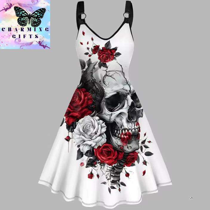 Dressfo Summer Dresses for Women Rose Injured Skull Print Hem V Neck Dress O Ring Straps Sleeveless A Line Tank Dress Sundress