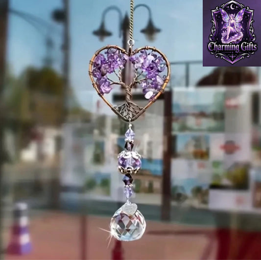 1pc Purple Amethyst Sun Catcher Crystal Tree of Life Rainbow Maker Drops - Bohemian Home Decor with Heart-Shaped Tree & Rainbow Design, Window Hanging Ornament For Christmas, Car Charms, Spiritual Gifts