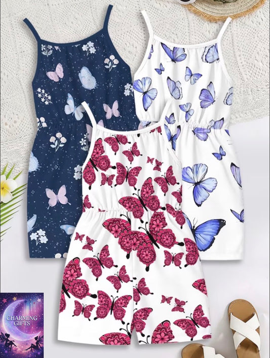 3pcs Baby Girls' One-Piece Romper with Straps, Polymia Beach Resort Style Summer Romper Set, for Outdoor