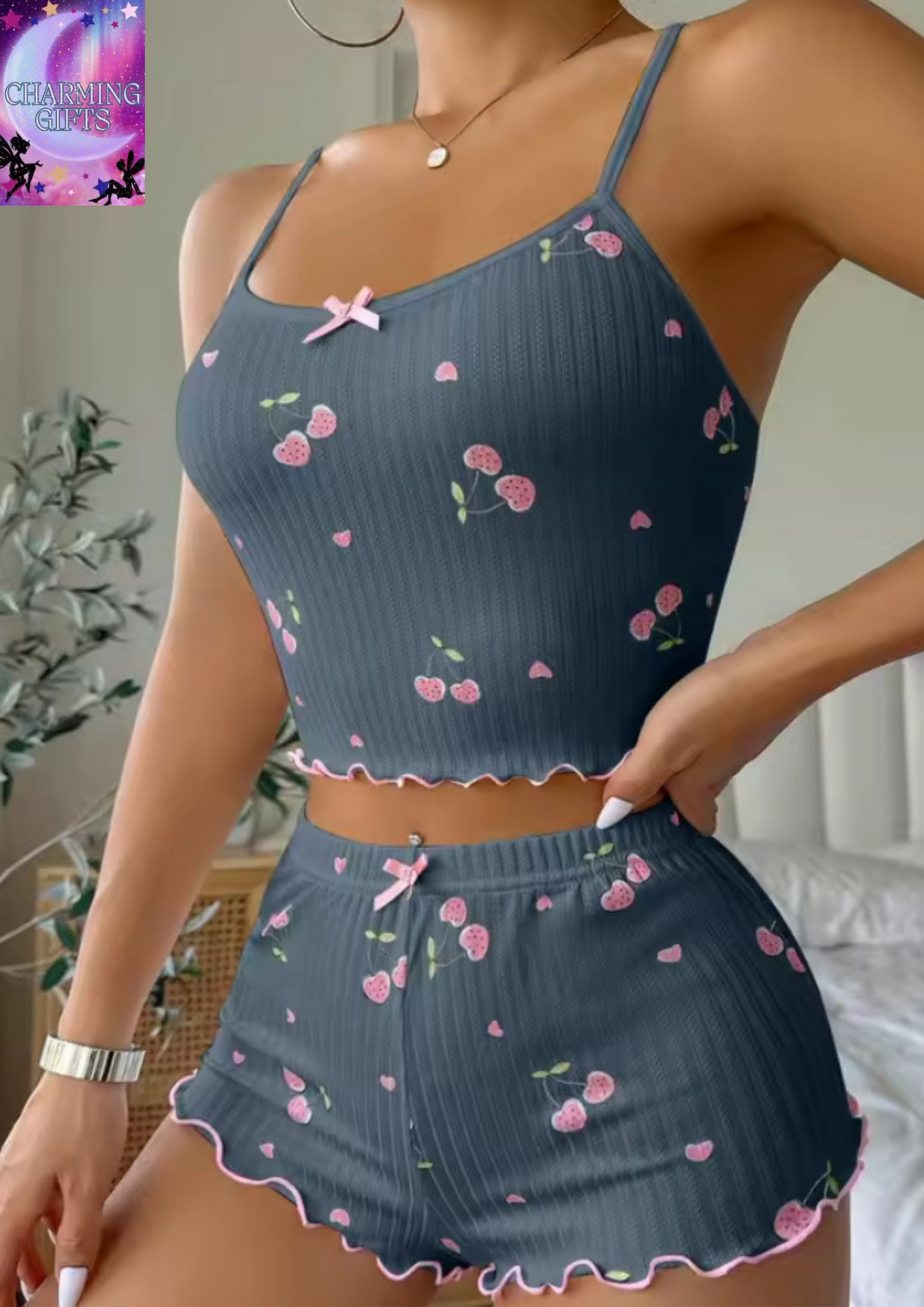 Sleepwear Women's Summer Pajama Set Heart Print Sexy Ribbed Bow Decor Round Neck Backless Crop Cami Top & Shorts Nightwear