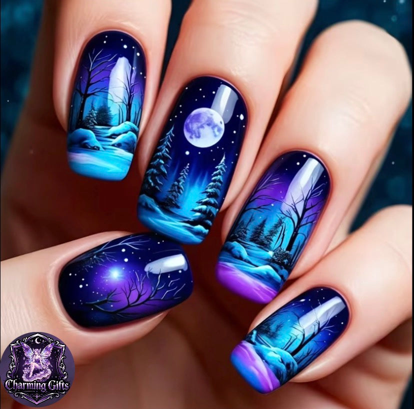 ❄️ Blue Christmas Snow & Moon Press-On Nails — 24pcs