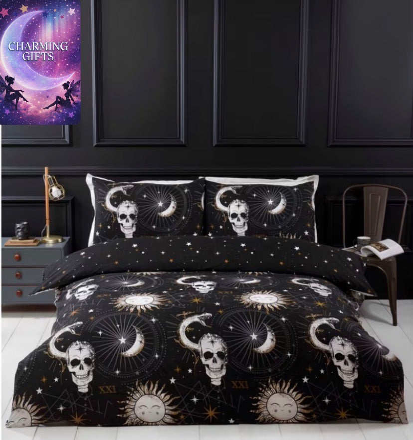 Starry Tarot Dreams Microfibre King Size Reversible Duvet| 180 Thread Count | Halloween Celestial Tarot & Skull Design | Includes Pillowcase | Soft, Breathable & Wrinkle Resistant | Popper Closure | Machine Washable | UK Based Br