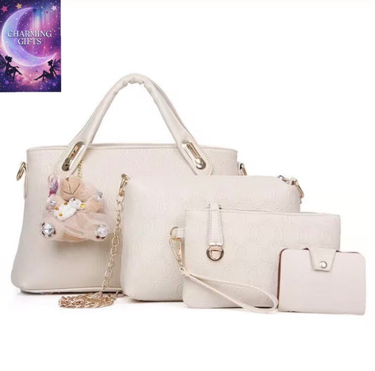 4 Piece Multi-Purpose PU Leather Handbag Set For Women, Large Top Handle Satchel Tote & Hobo Crossbody Shoulder Bag, Complete Matching Purse And Card Holder For Shopping Work Daily Outings