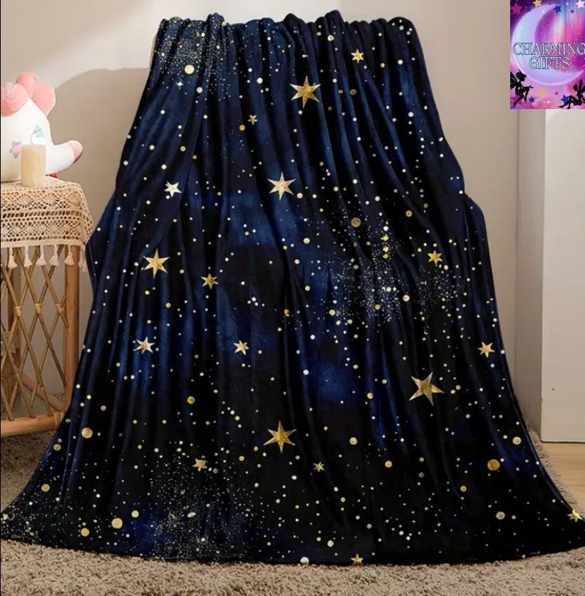 1pc Starry Sky Flannel Throw Blanket - Cozy, Soft, and Lightweight for Sofa, Bed, Travel, and Camping - Vibrant Blue with Golden Stars - Perfect Gift for Home or Office Comfort, Camping Comfort | Vibrant Star Pattern | Plush Polyester 60inx80in-150cmx200c