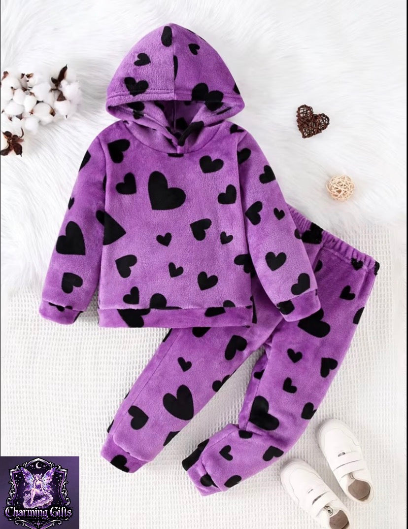 Girl's Heart Print Hooded Sweatshirt and Sweatpants Set, New Autumn/Winter Collection, Comfortable, Cute, Casual, and Warm, Perfect for Outdoor