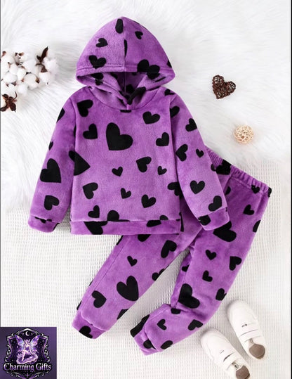 Girl's Heart Print Hooded Sweatshirt and Sweatpants Set, New Autumn/Winter Collection, Comfortable, Cute, Casual, and Warm, Perfect for Outdoor