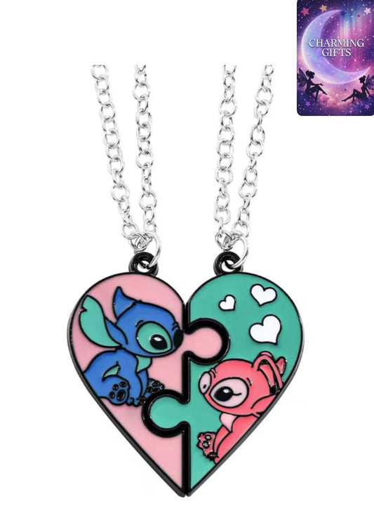 1pair Fashion Creative Disney Cartoon Stitch and Angie Heart Pendant Necklace for Women Jewellery