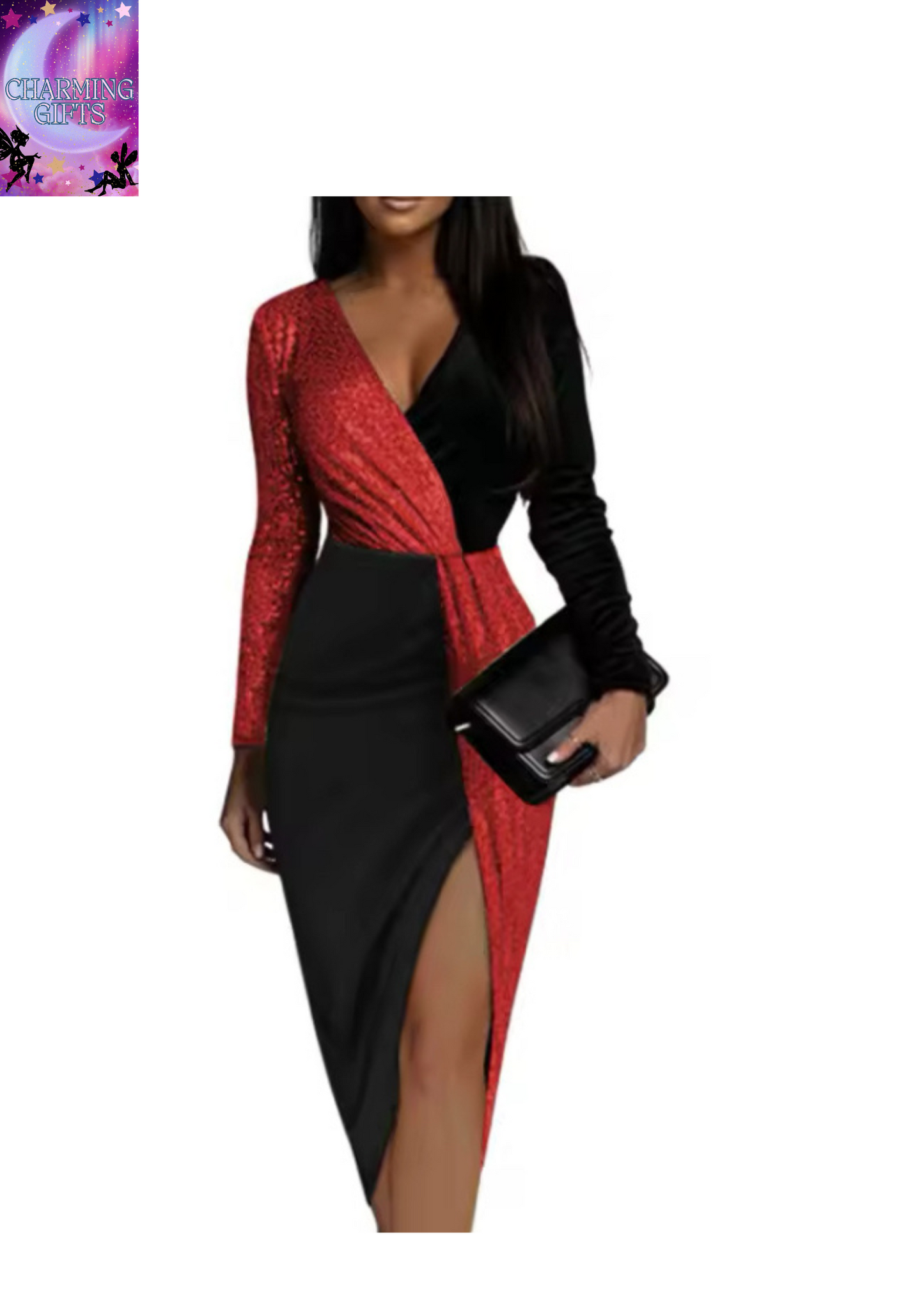 Elegant V-neck Long-sleeved Waist Dress For Women Fashionable Autumn Color Matching Sequined Irregular Slim Party Dresses Female
