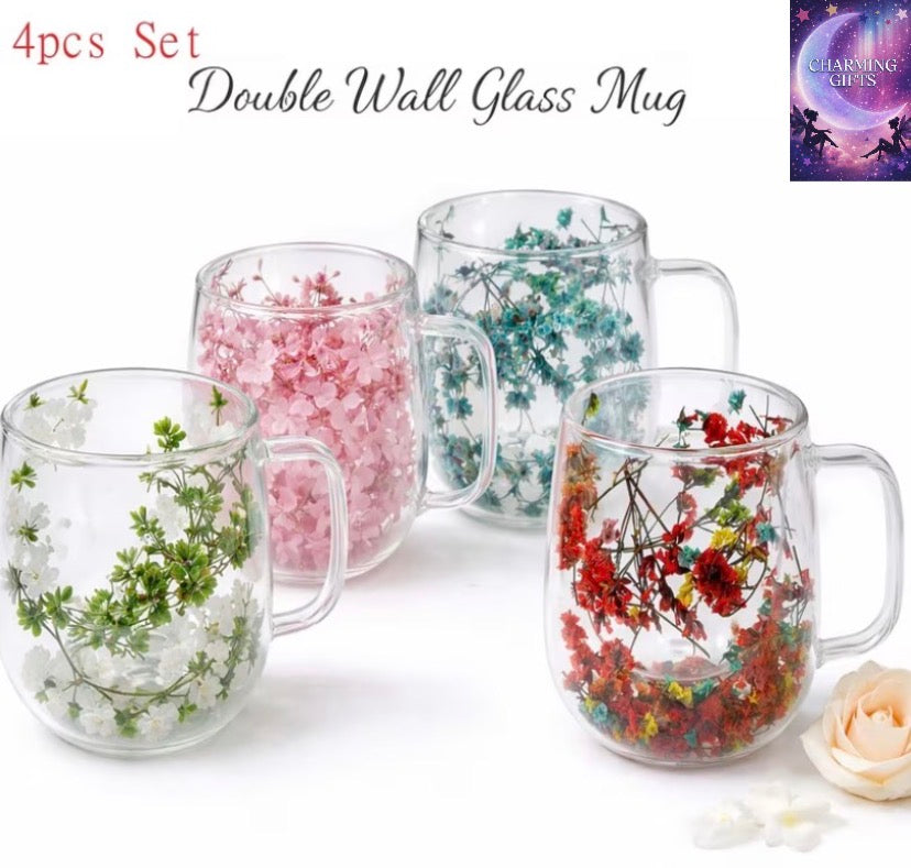 200ml 4pcs Set Of Double Walled Glass Cup Dried Flower Insulated Coffee Tea Mug with Handle Mug Gift Set