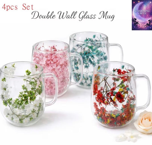 200ml 4pcs Set Of Double Walled Glass Cup Dried Flower Insulated Coffee Tea Mug with Handle Mug Gift Set