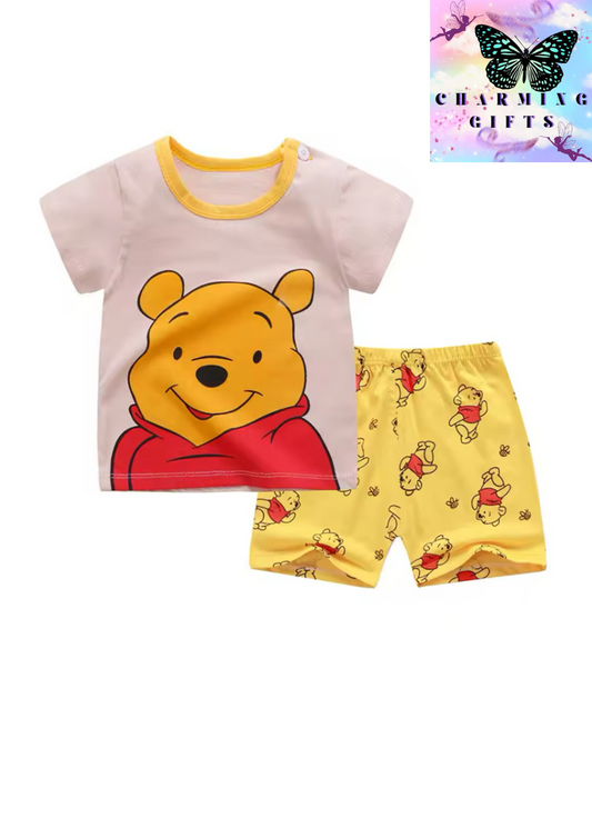 Winnie Pooh Cute Children Tracksuit Summer Clothing Cartoon Fashion Baby Boys Short Sleeved Suit T-shirt + Shorts 2piece Set