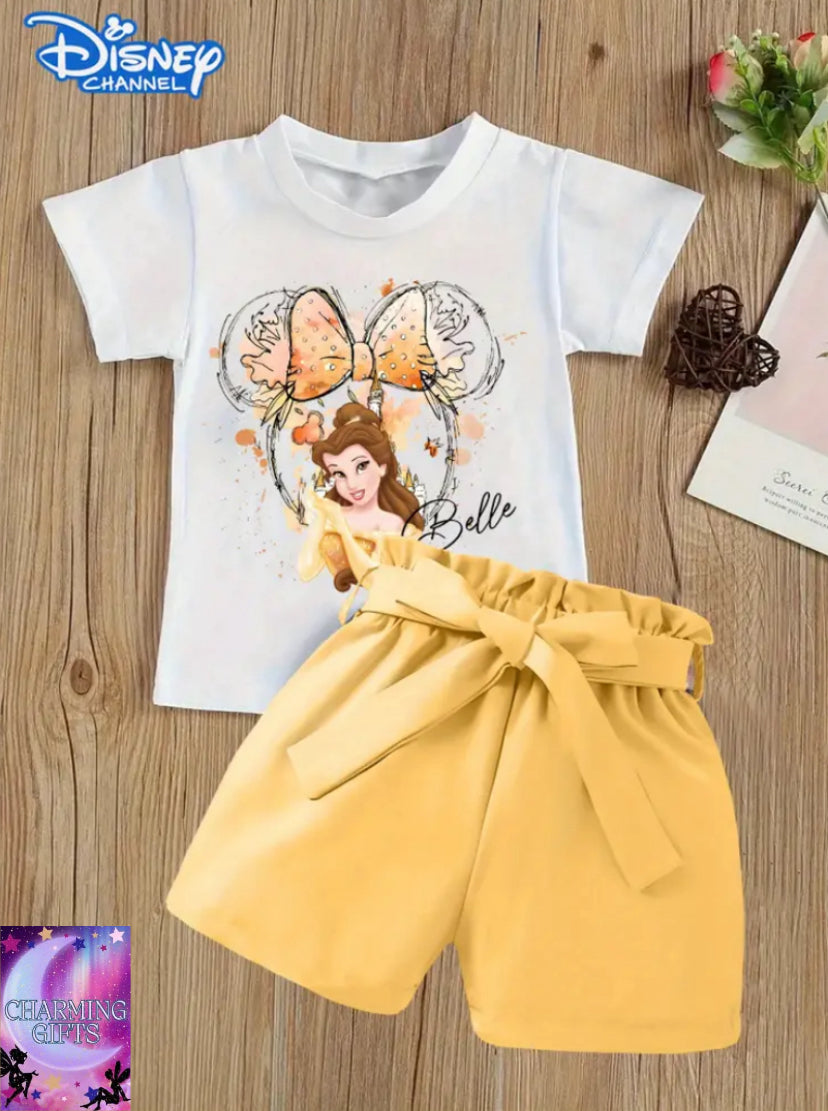 [Disney Belle Princess Outfit] Disney Official Authentic Belle Princess "Serci G" Series Set | Girls' Sweet Summer Outfit - White Short-Sleeve T-Shirt with Yellow Shorts, Polyester Material, Belle's Portrait & Bow Design, Matching Bow on Shorts Waistband,