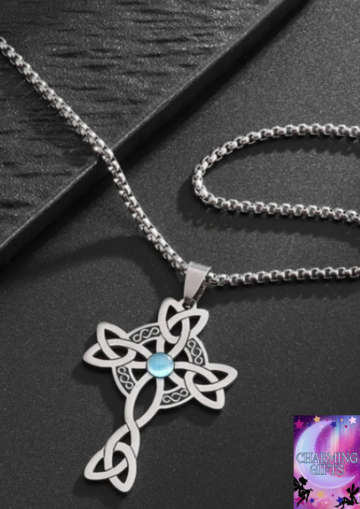 Stainless Steel Celtic Knot Cross Power Stone Pendant Necklace for Women Men Irish Witch Knot Lucky Jewelry Gift
