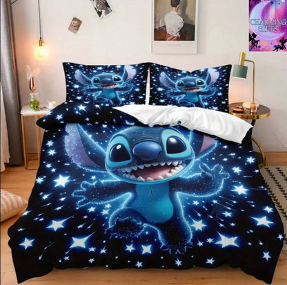 3pcs Stitch Glow-in-the-Dark Star Print Bedding Set (1 Duvet Cover + 2 Pillowcases), Fits Home Bedroom, Guest Room, Dorm Decor Bedding Set, Bedding Accessories ( Double )
