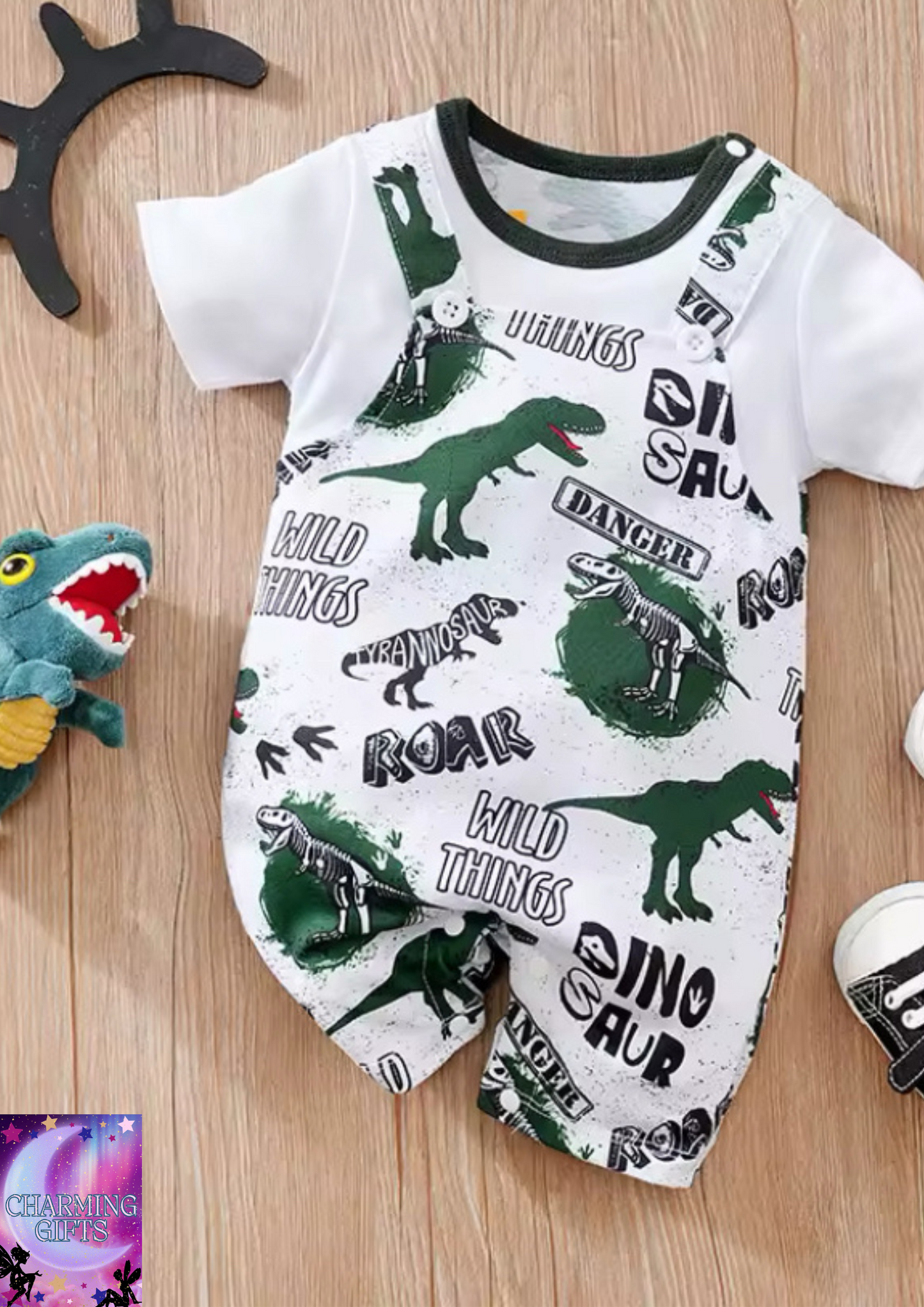Summer Boys And Girls Handsome Cartoon Strap Dinosaur Print Comfortable Casual Short Sleeve Baby Bodysuit