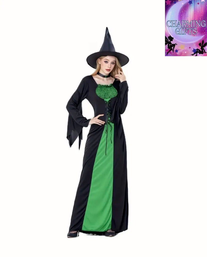 [Spooky Witch Costume] Vintage-Inspired Halloween Witch Costume - Elegant Black & Purple Long Dress with Pointed Hat & Layered Collar, Full-Length Flowing Robe for Cosplay, Themed Parties & Role-Play (Hand Wash/Dry Clean) - Spooky Magical Outfit, Cosplay