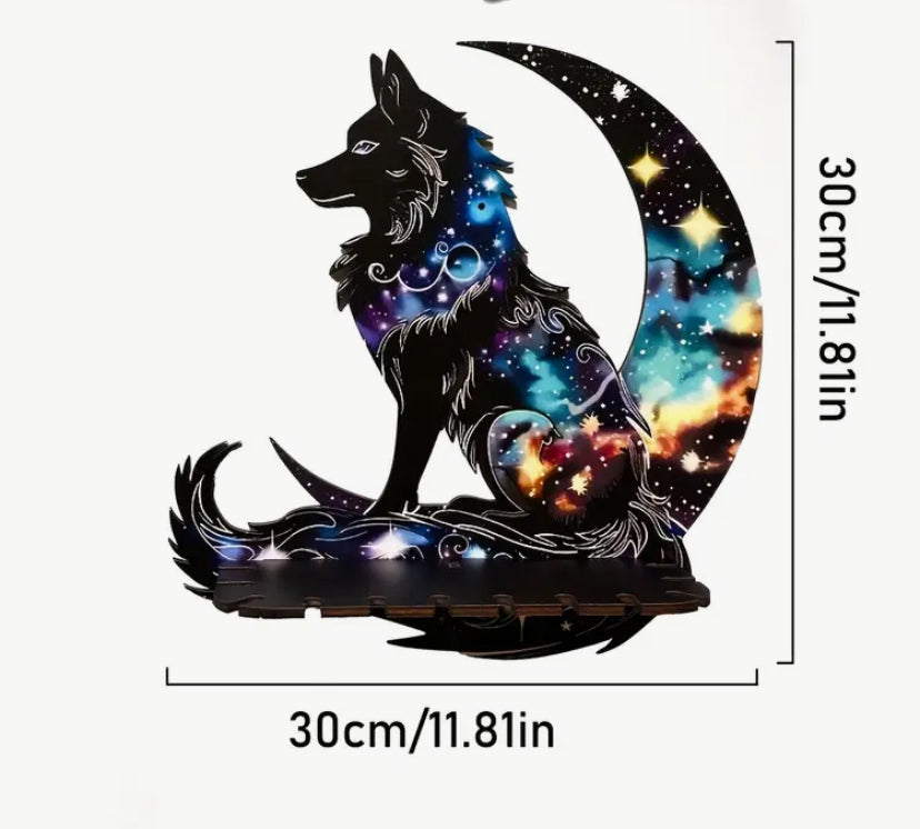 1pc Galaxy Moon and Wolf Wall Shelf, Boho Wall Hanging Storage Display with Artificial Wood, Animal-Themed Design for Plants, Flowers, Scented Candles, Hallway, Bedroom, Christmas Decor, Wall Decor, Easy Assembly, No Electrical Needed, Hallway Storage