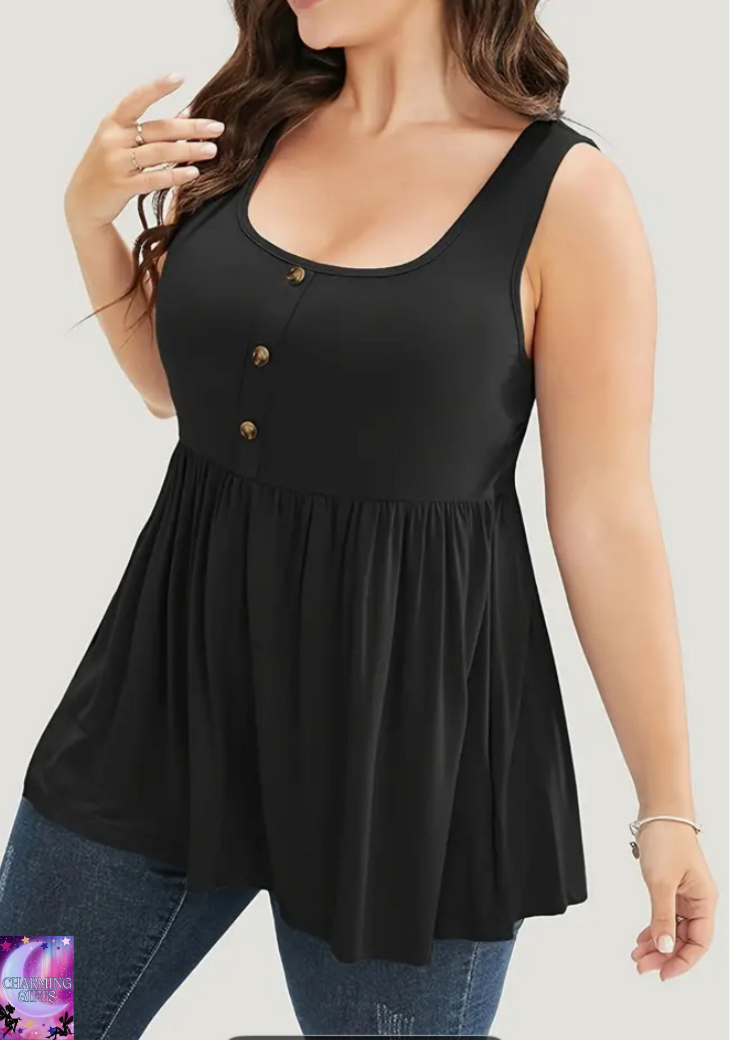Solid Color Square Neck Button Detail Ruffled Hem Tank Top