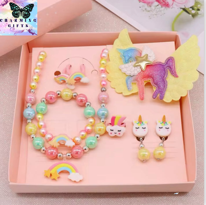 8pcs/set Baby Girls Beads Necklace Set Rainbow Unicorn Pendant Child Kids Adjustable Lovely Necklace Charm Chunky Jewelry Gifts