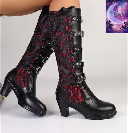 Women's Gothic Punk High-Top Boots with Round Toe, Back Zipper & Lace Block - Chunky High Heel Suitable for Weddings, Parties, Motorcycle Riding - - Gothic Boots, Women Shoes