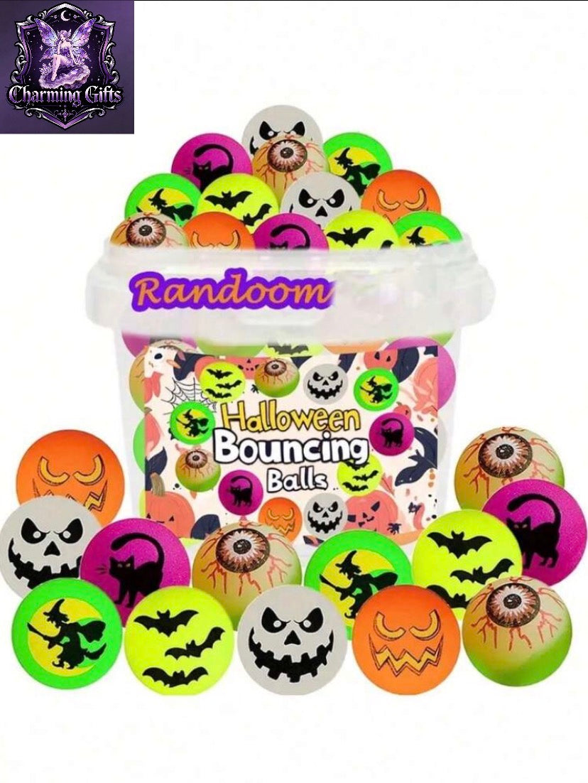 24pcs Halloween Series Bouncy Balls, Halloween Theme Design, Devil Eye, Black Cat, Bat Patterns, Glowing Elastic Balls, Party Supplies, Halloween Party Gift Bag Fillers