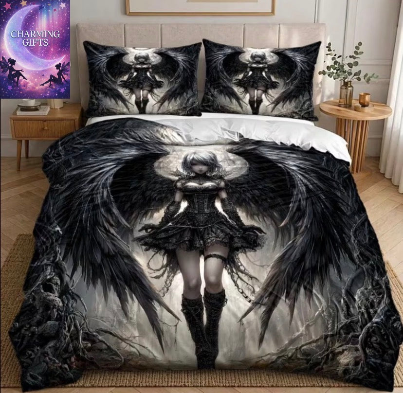 3pcs Duvet Cover Set, 1 Duvet Cover + 2 Pillowcases, No Filler, Black Dark Angel Theme, Gothic Art Style, Halloween, Mysterious, 3pcs Duvet Cover Set, 3pcs Bedding, Suitable for All Seasons, Machine Washable, Invisible Zipper, for Home, Double