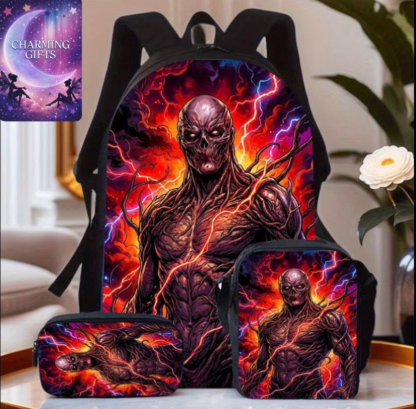 3pcs  Vecna Stranger Things Style Backpack Set | Adjustable Shoulder Straps, Lining, Zip Closure, Hand Wash, Suitable For Ages - With Applique And Print Details For Traveling