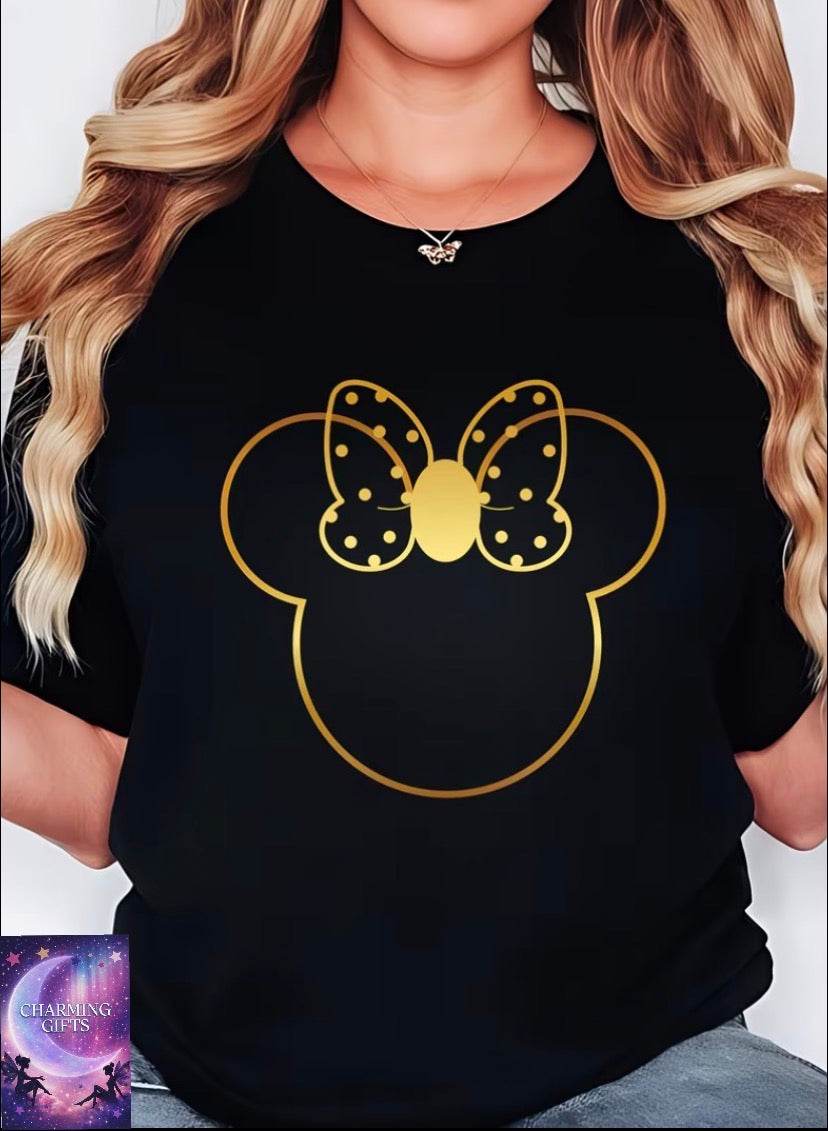 Plus Size, Golden Polka Dot Minnie Mouse Bow Women's Summer Casual Short Sleeve T-Shirt, Women's Fashion Printed Short Sleeve