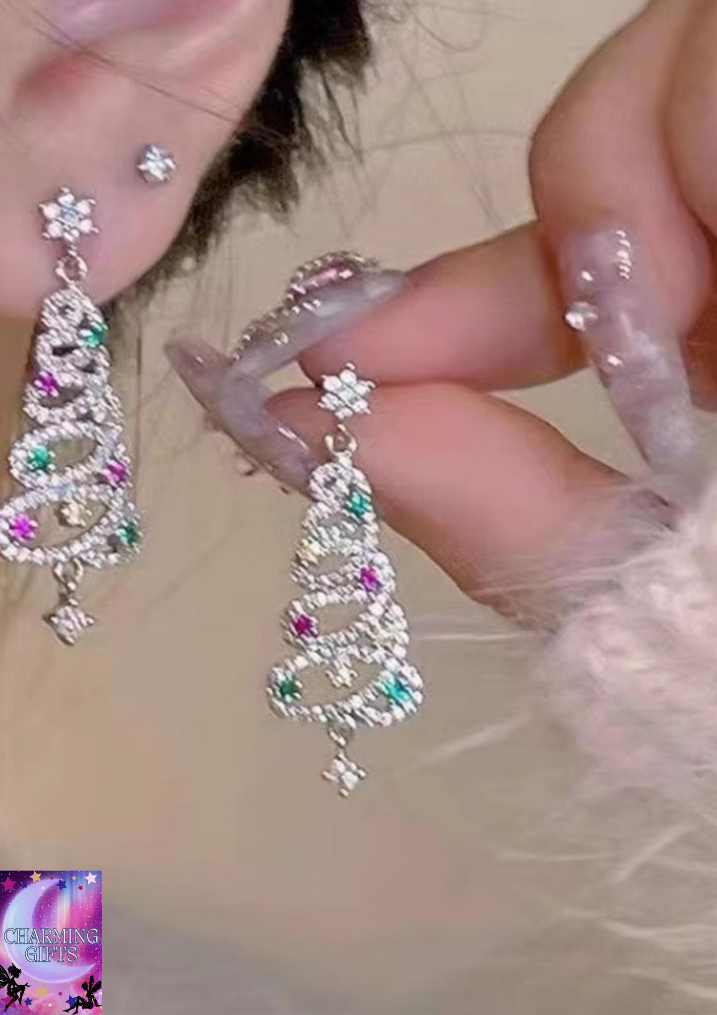 Fashion Christmas Tree Zircon Crystal Star Silver Color Earrings Stud Dangle Xmas Jewelry Women Party Gift