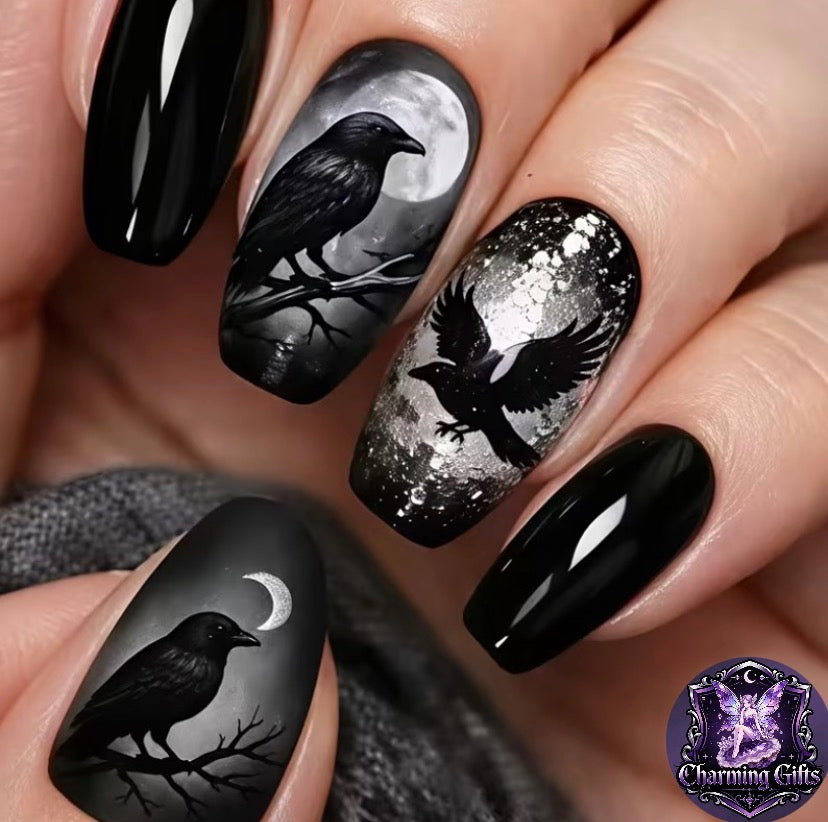 🖤 Dark Crow & Moon Matte Black Press-On Nails — 24pcs