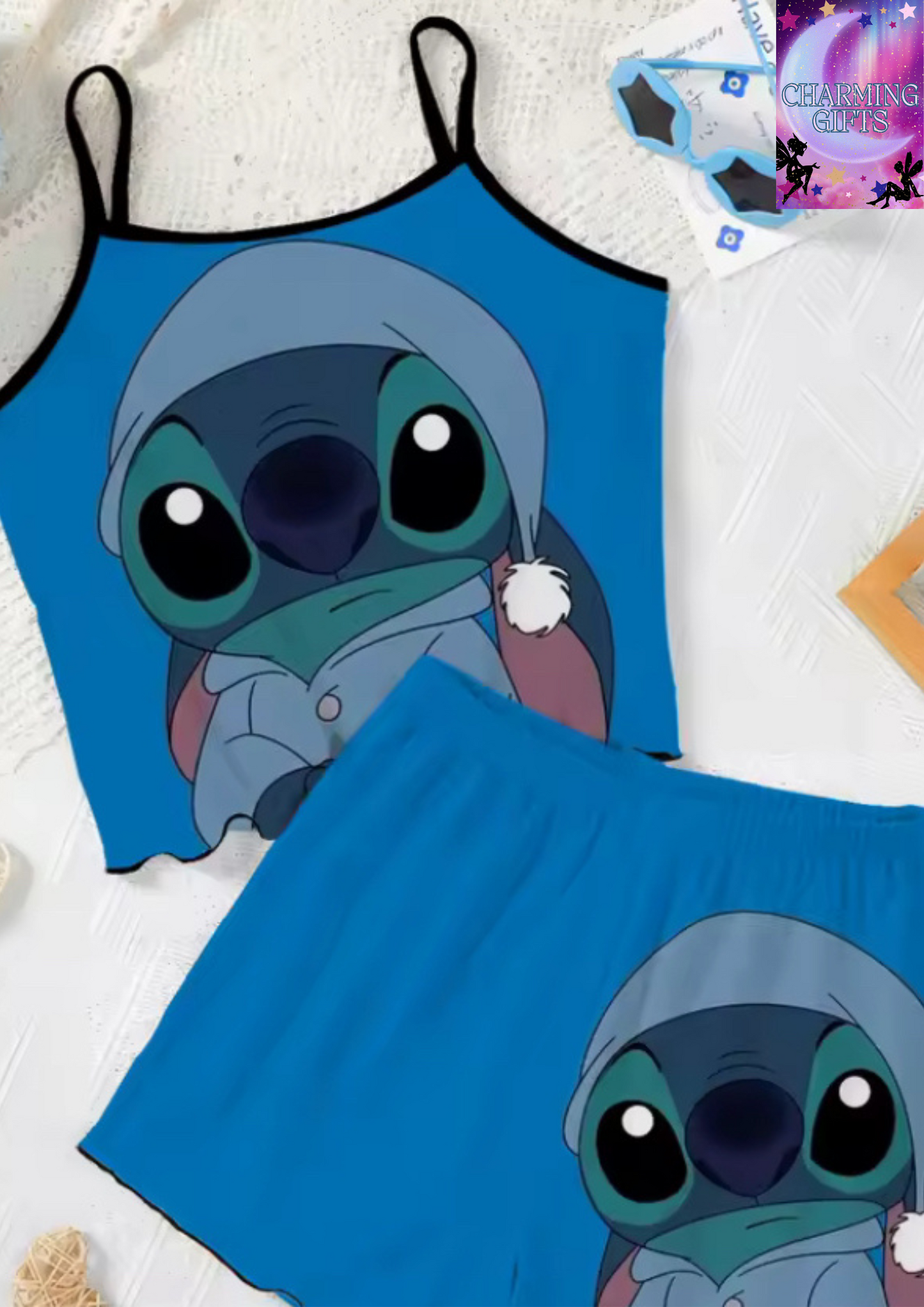 Elegant Women's Sets Lettuce Trim Pajama Skirt Disney T-shirt Slip Dress Stitch Top Pieces Short Piece Outfit Summer Suit Disney