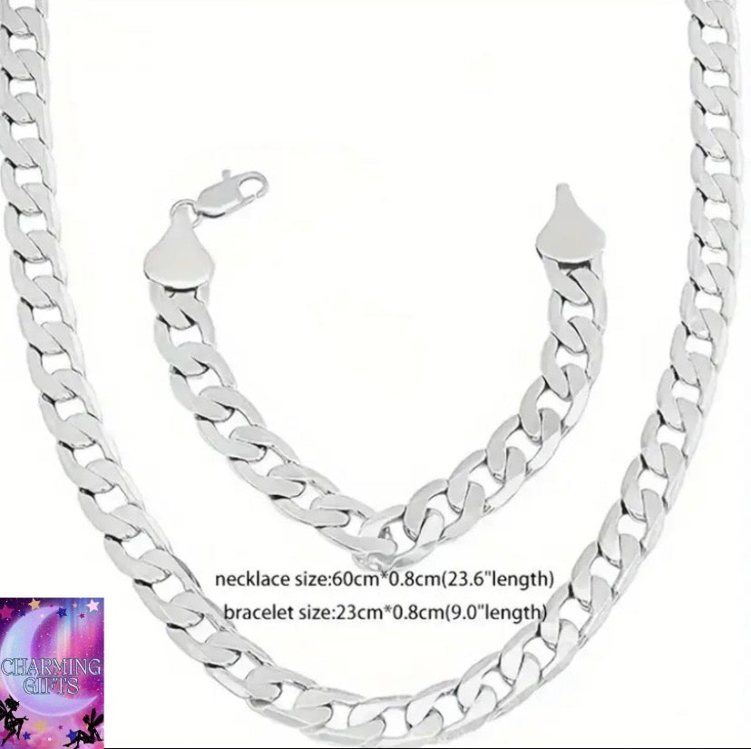 925 Sterling Silver 9mm Cuban Chain Necklace and Bracelet Set, fashionable and delicate, suitable for daily and party wear- Birthday, gift giving, all kinds of festivals, special occasions- Comes with gift box, Daily Wear Accessories, Party Jewelry, Trend