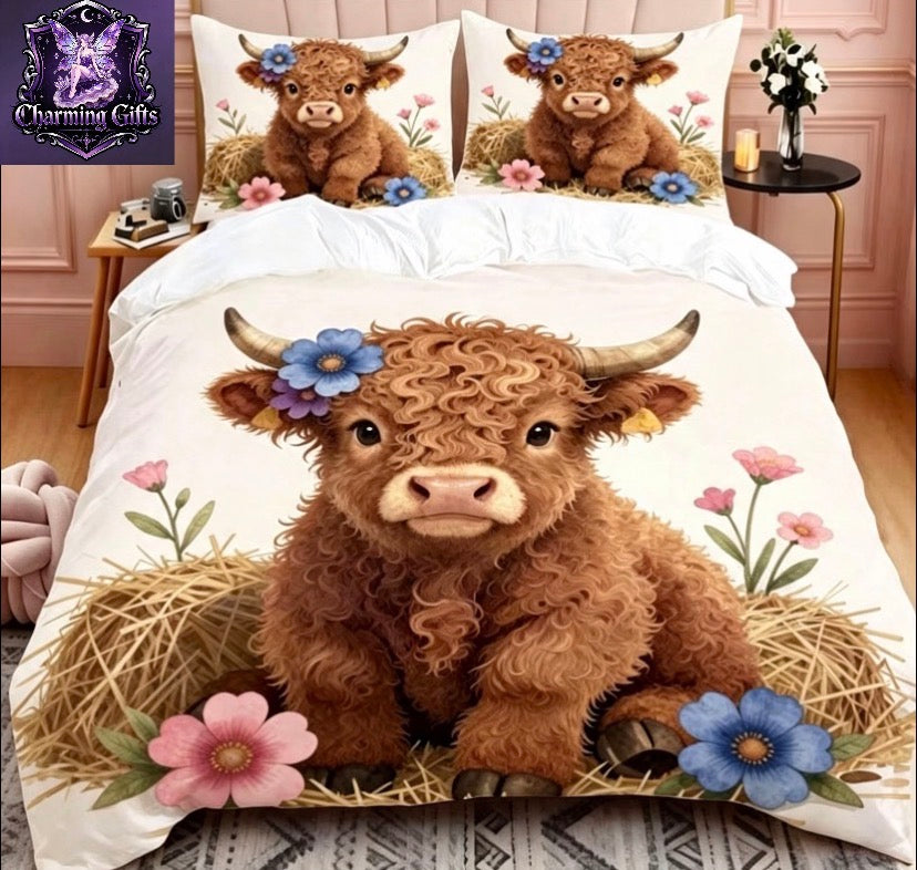 3pcs of 2D Flat Printed Adorable Cartoon Bedding Featuring a Quilt Cover with a Brown, White, Blue, And Pink Floral Highland Cow Design, Perfect for Different Events (Includes 1 Duvet Cover And 1 Or 2 Pillowcases, Core Not Included)
