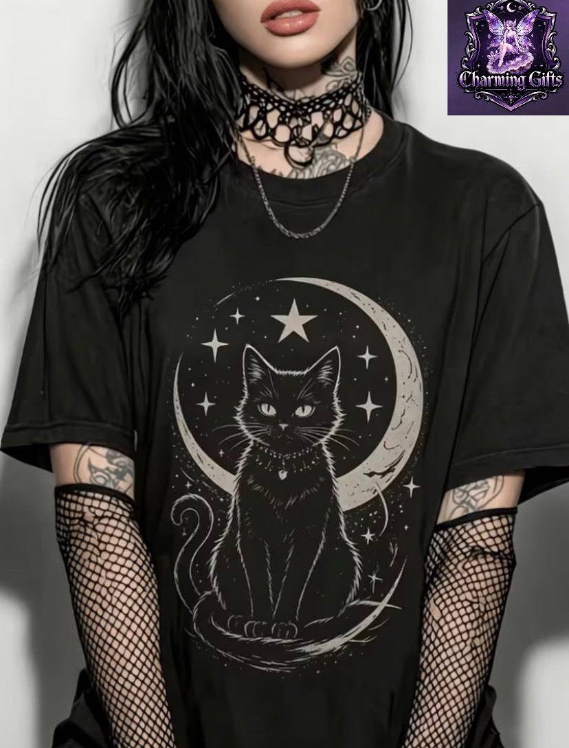 Gothic Style Star Kitten Star Pattern Printed Short Sleeve T-Shirt, Mysterious Dark Subculture Retro Distressed Round Neck Casual Top