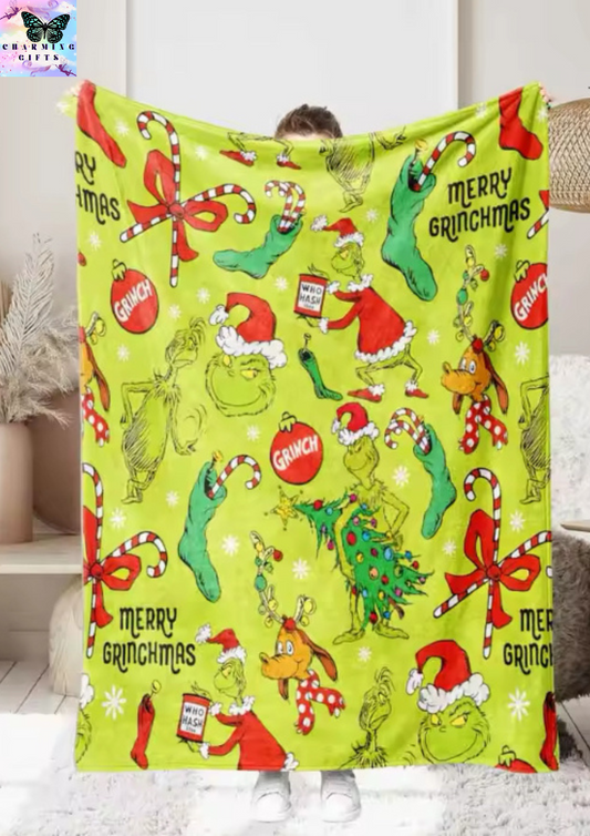 1pc Christmas gift Grinch digital printed flannel blanket, warm, skin-friendly, suitable for office, home, travel, camping