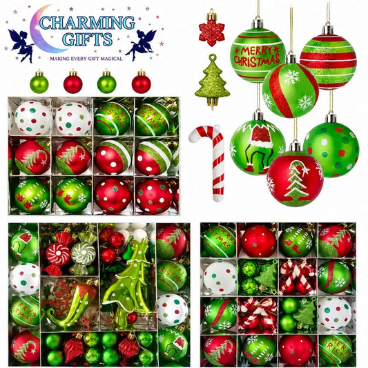 Grinch themed 46pcs Christmas Tree Ornaments Set, Red Green White Christmas Decorations with Star Toppers Assorted Decorative Hanging Balls for Xmas Tree Home Holiday Party