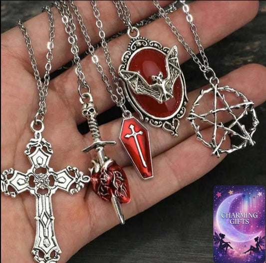 5pcs Y2K Vintage Punk Rock Style Bat, Faux, Coffin, Arrow, Red Heart, Star Pendant Necklace Set, 304L Stainless Steel Chain, Bohemian, Hiphop Fashion
