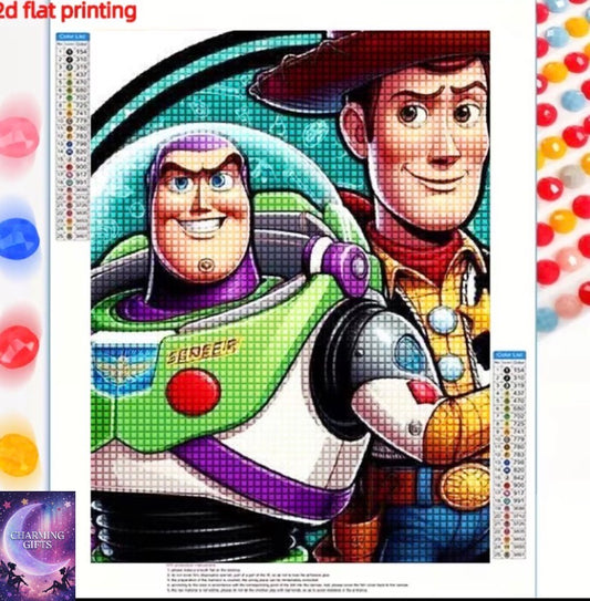 2D Flat Printing 1pc Woody And Buzz Lightyear Frameless Diamond Painting Kit, Full Diamond Round Mosaic Handmade, Home Decor Gift, Unique Creative for Birthday, Independence Day, Christmas, Mother'S Day, Father'S Day