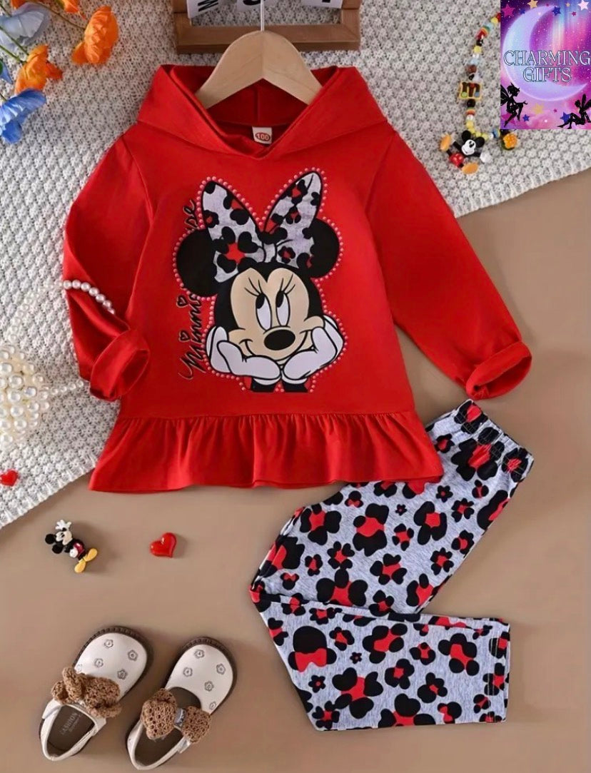 Disney Official Licensed Kids Mickey Mouse Outfit Set - Long Sleeve Hooded Ruffled Hem Top & Pants| 2pcs Disney Mickey Frill Pullover Kids Wear | Fall Winter Casual Wear, Perfect for Parties/School | Birthdays/Christmas Gift for Girls, Holiday Outfit, Sch